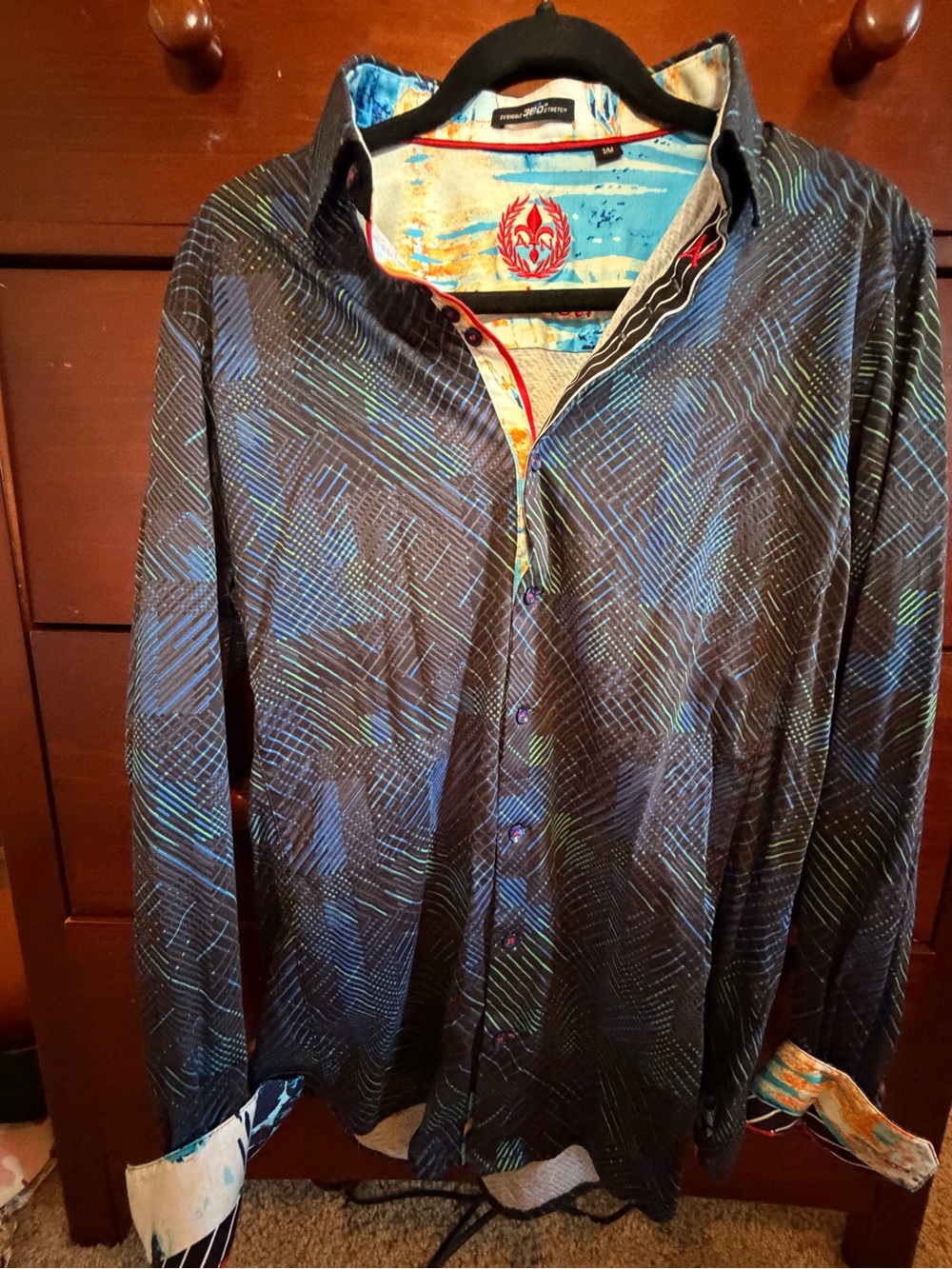 Au Noir 360 Stretch Men's Button Down Shirt Blue Green Geometric Size 3/M